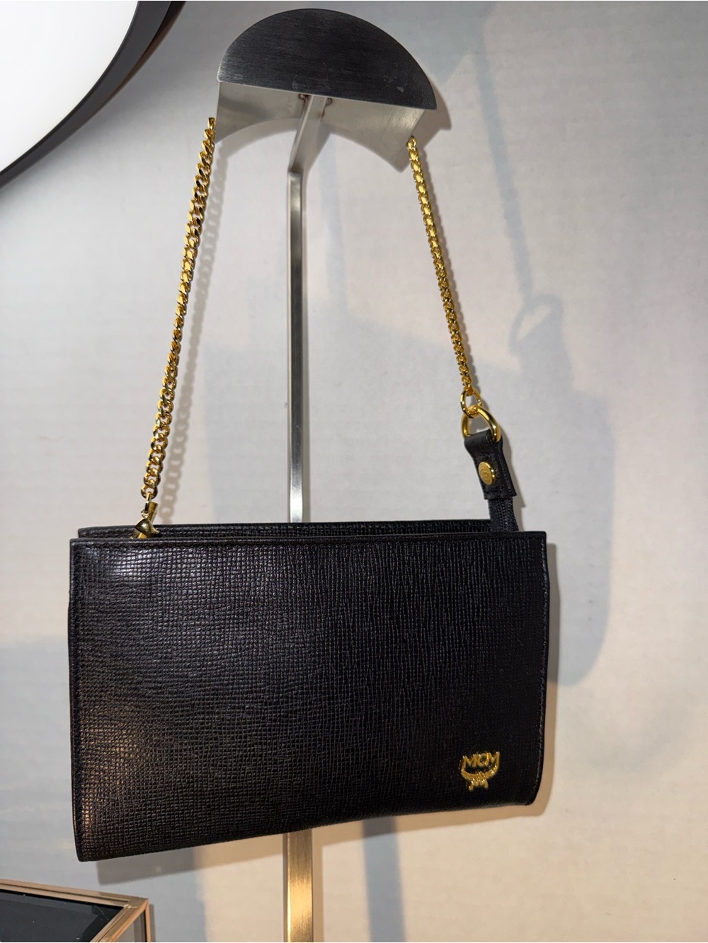 MCM Black Textured Leather Pouchette with Gold Chain